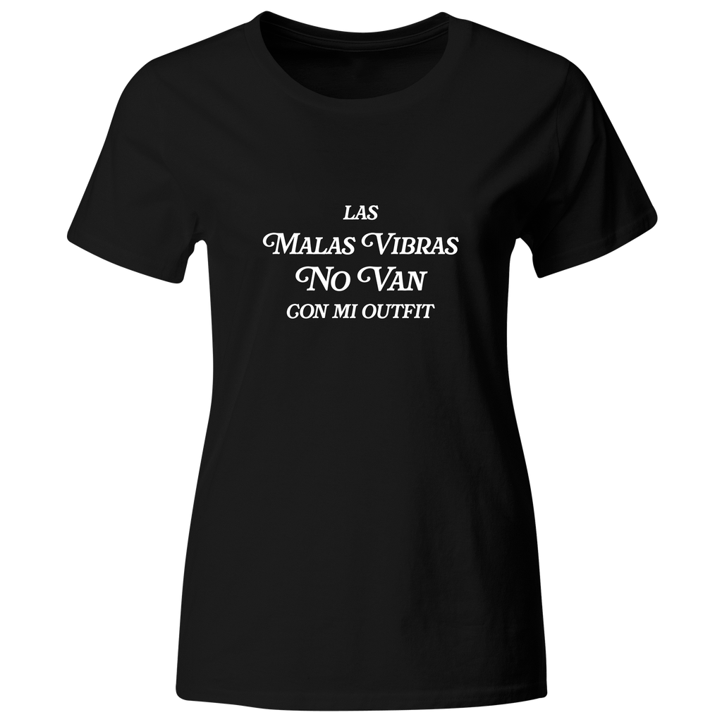 Playera Color lk749. Frase positiva. Las malas vibras no van con mi outfit