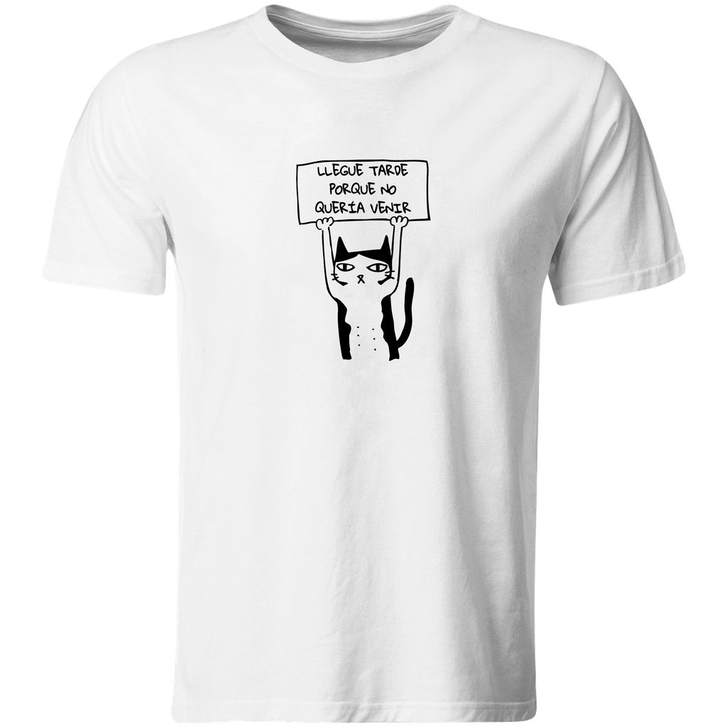 Playera Individual Lk696. Meme gato llegue tarde  (Recto​)