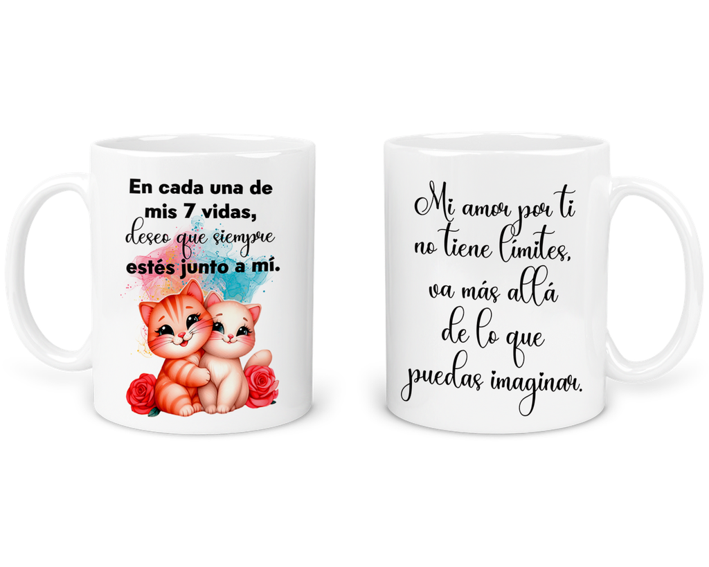 Taza Parejas Tapp40. Gatos 7 vidas junto a mi. (Con nombre)