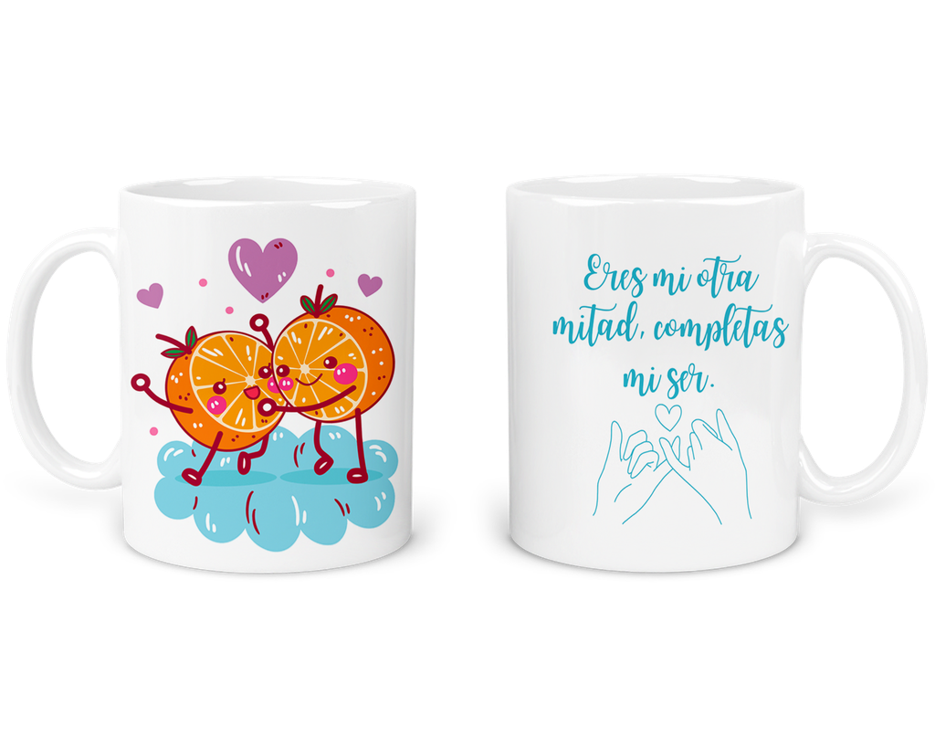 Taza Parejas Tapp49. Frase: Eres mi otra mitad. Naranjas