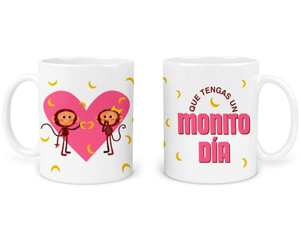 Taza Parejas Tapp56. Frase: Que tengas un monito dia (Con nombre)