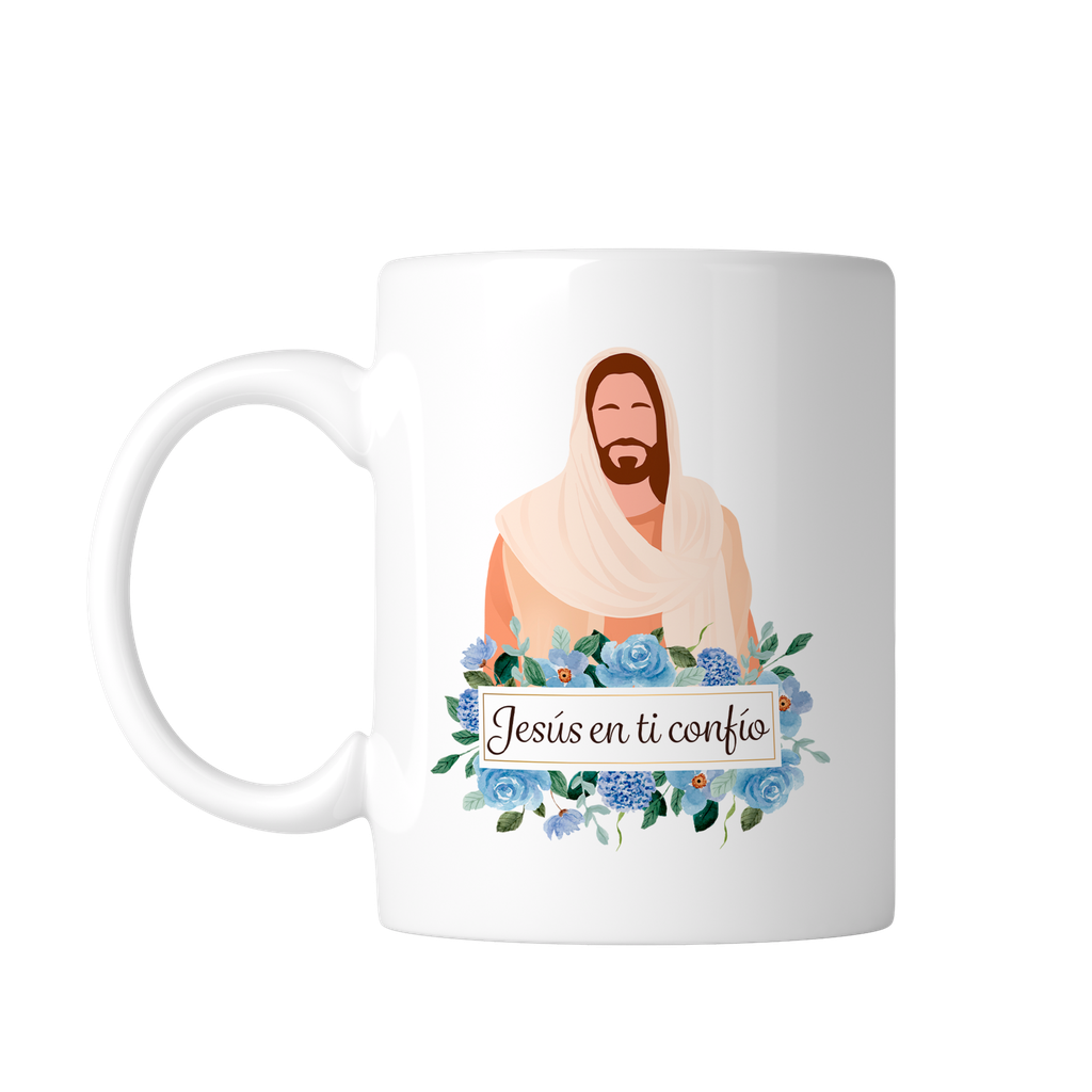 Taza Blanca 11 Oz. Tb11 -fc4. Frase Cristiana Religiosa: Jesús en ti confío  (Con nombre)