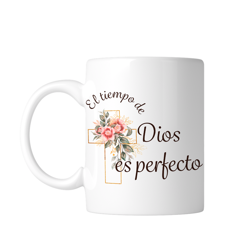 Taza Blanca 11 Oz. Tb11 -fc5. Frase Cristiana Religiosa: El tiempo de Dios es perfecto (Con nombre)
