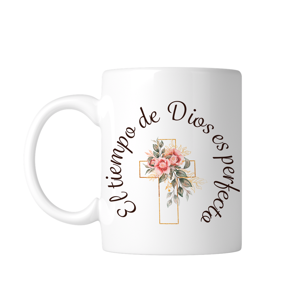 Taza Blanca 11 Oz. Tb11 -fc6. Frase Cristiana Religiosa: El tiempo de Dios es perfecto (Con nombre)