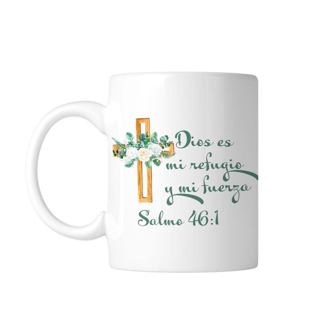 Taza Blanca 11 Oz. Tb11 -fc8. Frase Cristiana Religiosa: Dios es mi refugio y mi fuerza (Con nombre)