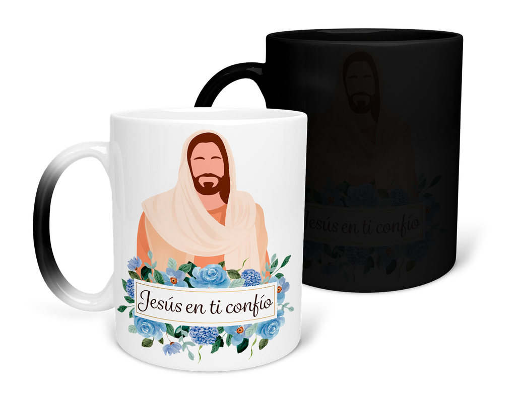 Taza Mágica 11 Oz. Mam1 -fc4. Frase Cristiana Religiosa: Jesús en ti confío (Con nombre)