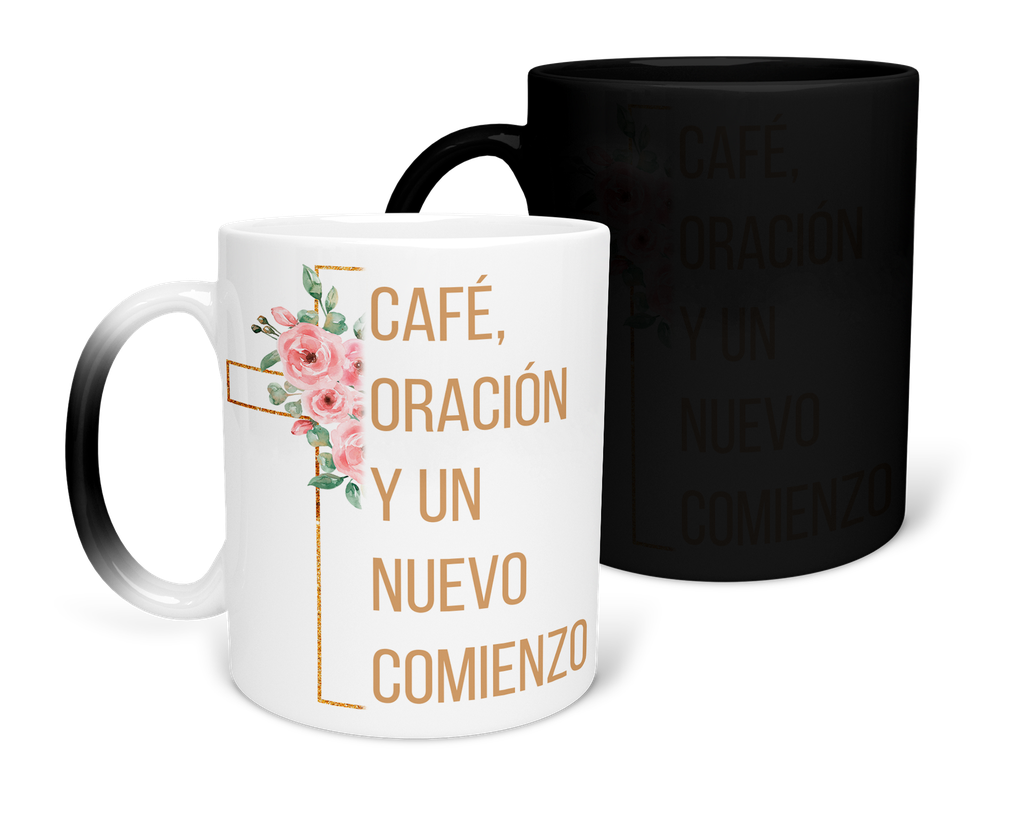 Taza Mágica 11 Oz. Mam1 -fc9. Frase Cristiana Religiosa: Café oración y un nuevo comienzo (Con nombre)