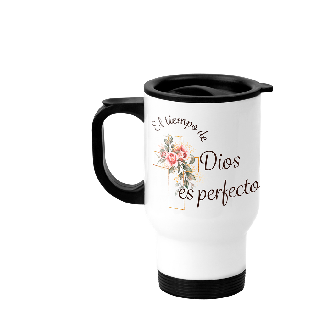 Termo 16 oz. TV16 -FC5. Frase cristiana religiosa: El tiempo de Dios es perfecto (Con nombre)