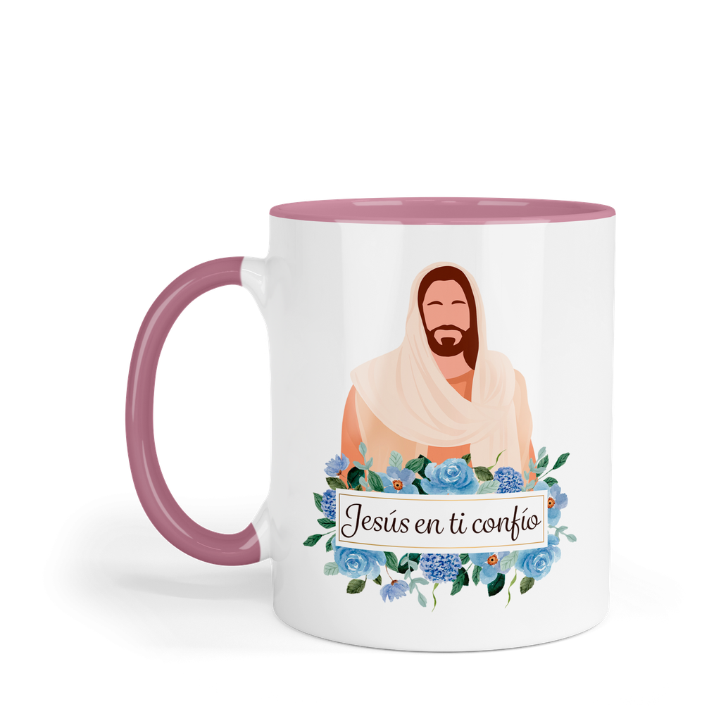 Taza fondo y asa de color rosa. TNFR -FC4. Frase Cristiana Religiosa: Jesús en ti confío (Con nombre)