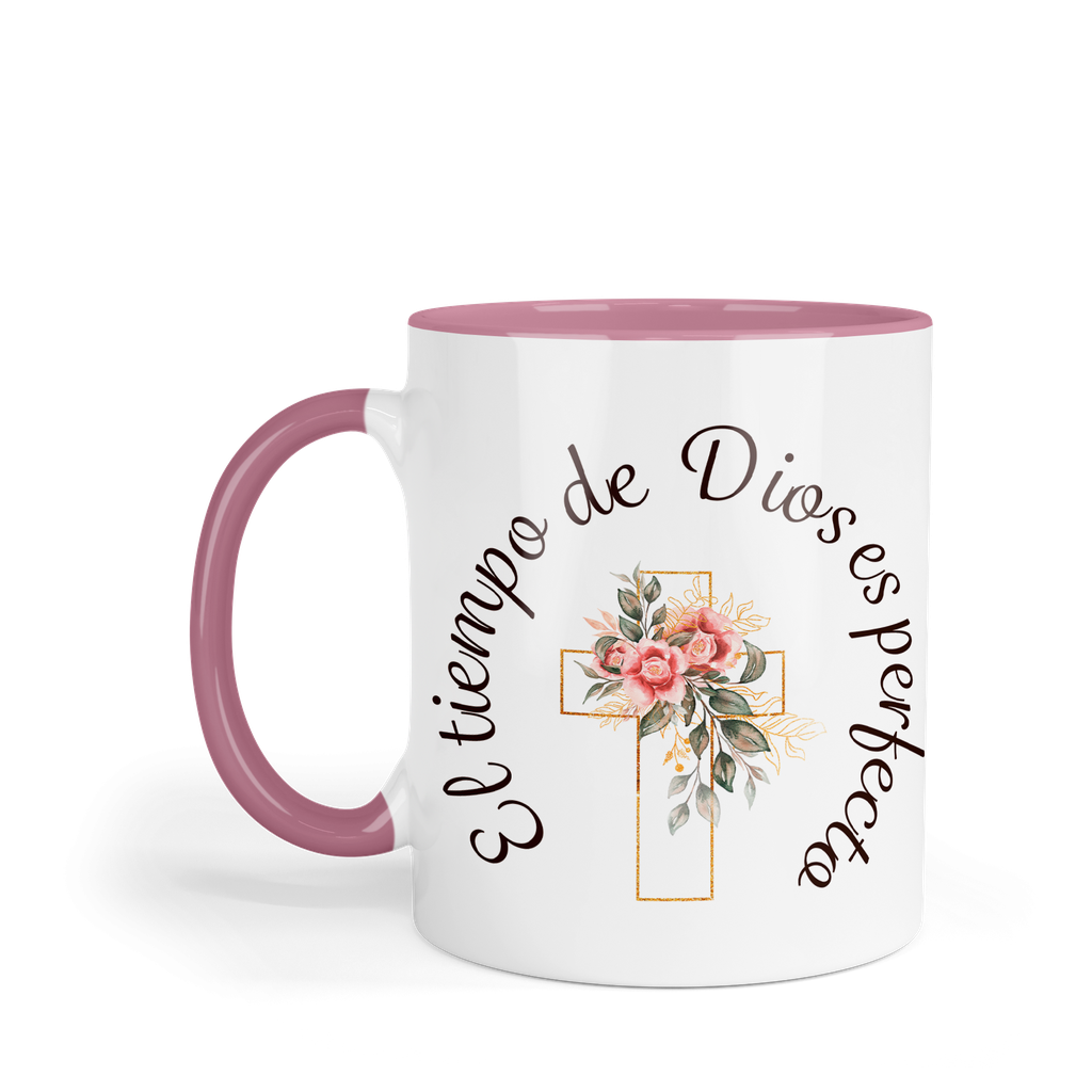 Taza fondo y asa de color rosa. TNFR -FC6. Frase Cristiana Religiosa: El tiempo de Dios es perfecto (Con nombre)