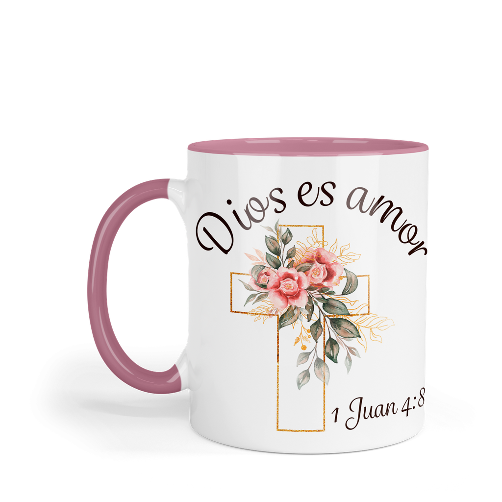 Taza fondo y asa de color rosa. TNFR -FC7. Frase Cristiana Religiosa: Dios es amor (Con nombre)