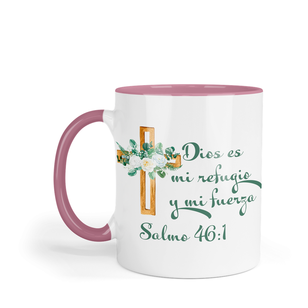 Taza fondo y asa de color rosa. TNFR -FC8. Frase Cristiana Religiosa: Dios es mi refugio