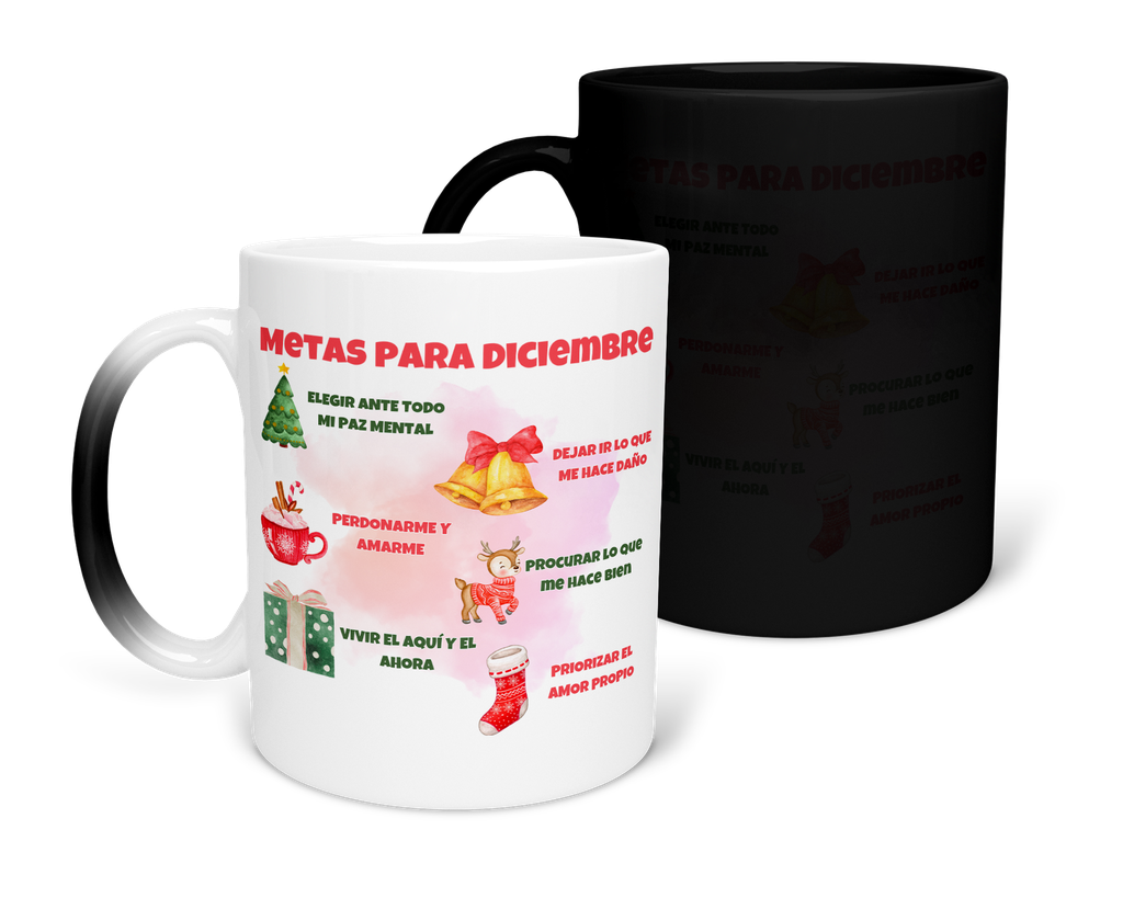 Taza Mágica 11 Oz Mam1 Tan23. Navidad frases positivas metas (Con nombre)