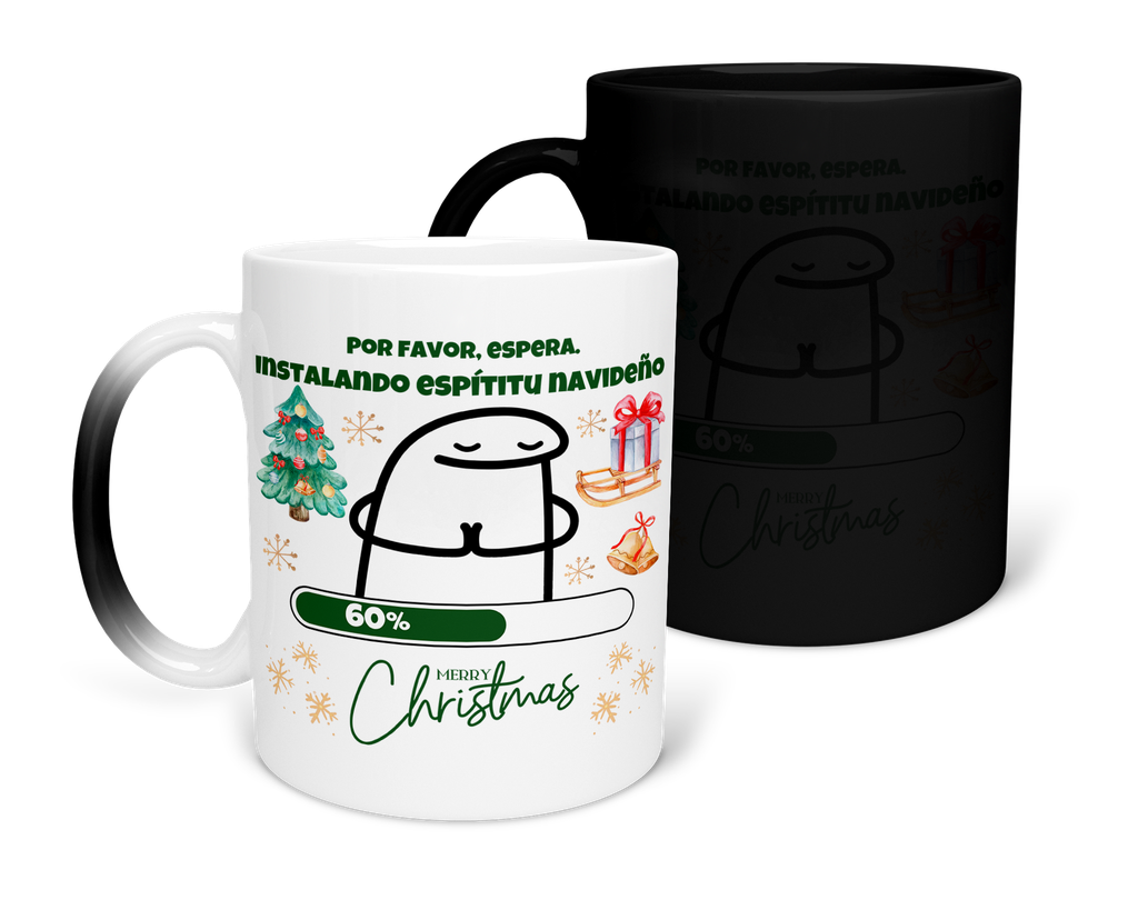 Taza Mágica 11 Oz Mam1 Tan29. Navidad meme "Por favor, espera. Instalando..." (Con nombre)
