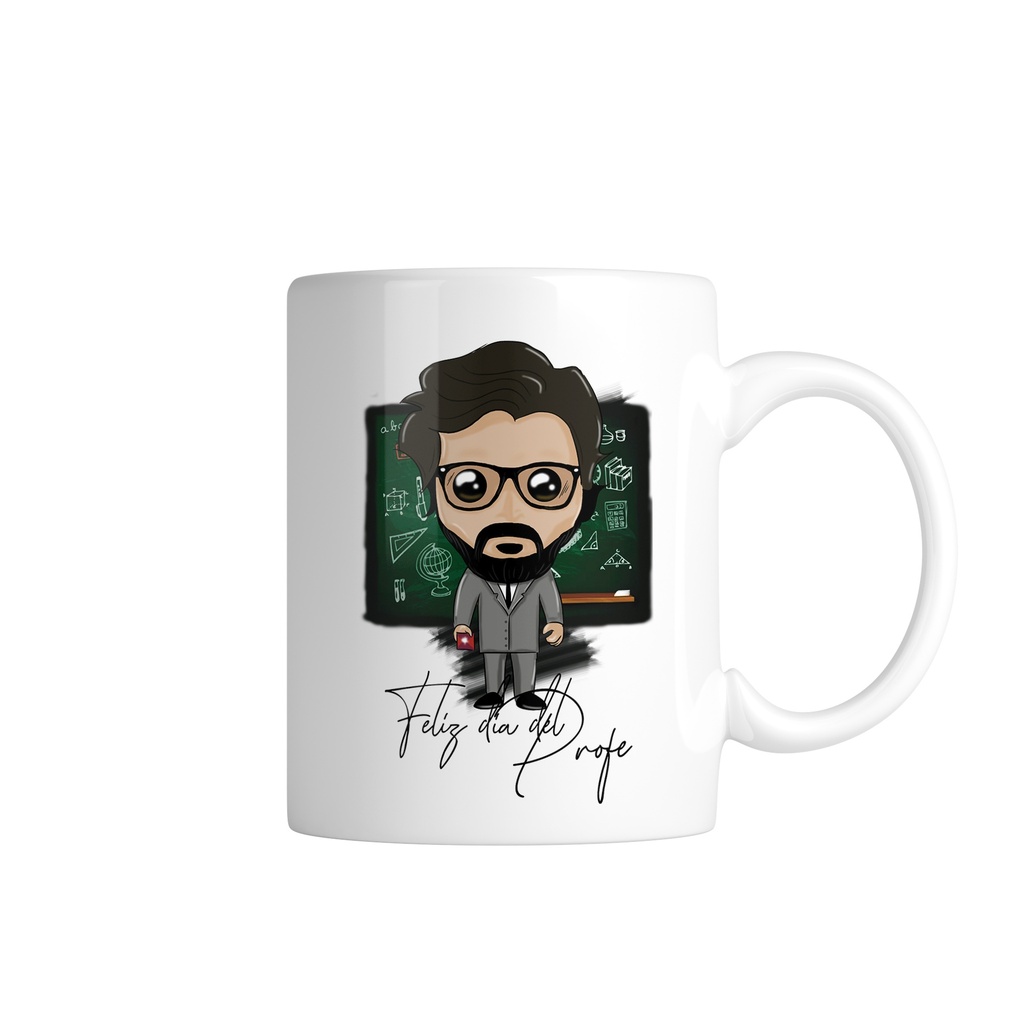 Taza feliz día del profe (Fondo color blanco, Con nombre)