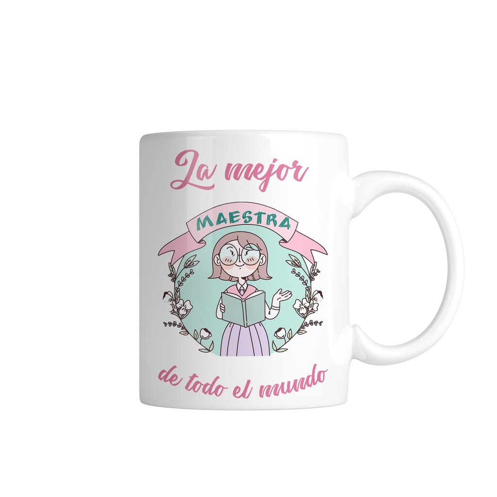 Taza La mejor maestra de todo el mundo (Fondo color blanco, Con nombre)