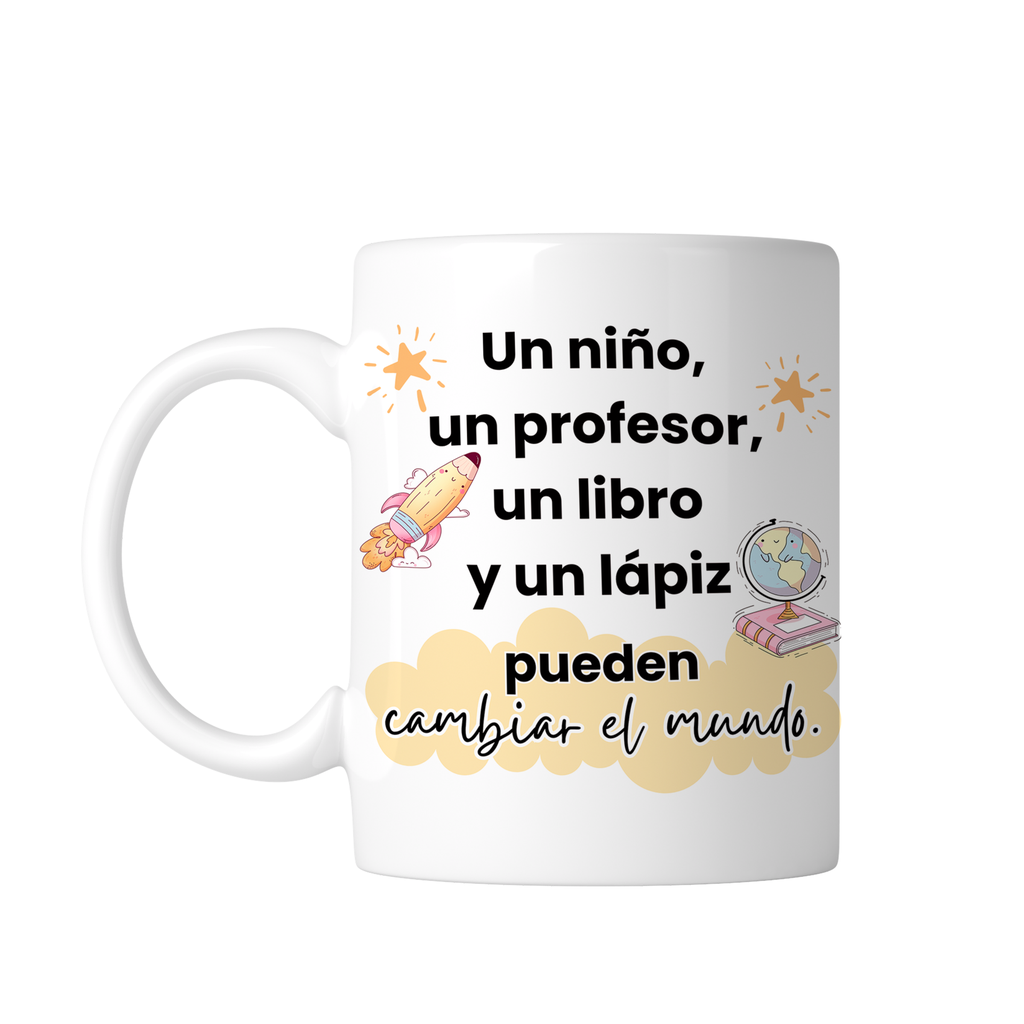 Taza Blanca Tpm38. Maestro un niño pueden cambiar el mundo (Con nombre)