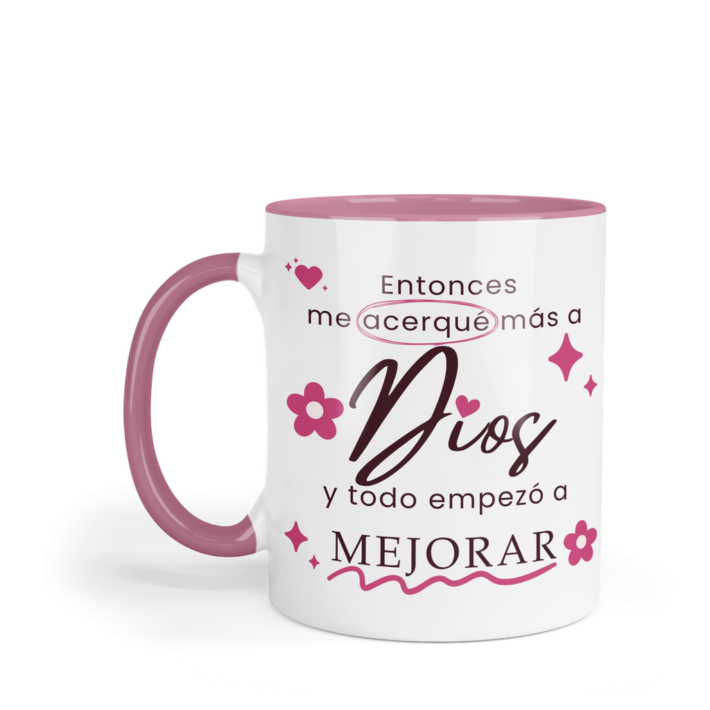 Taza fondo y asa de color rosa FC27. Frase Cristiana Religiosa.