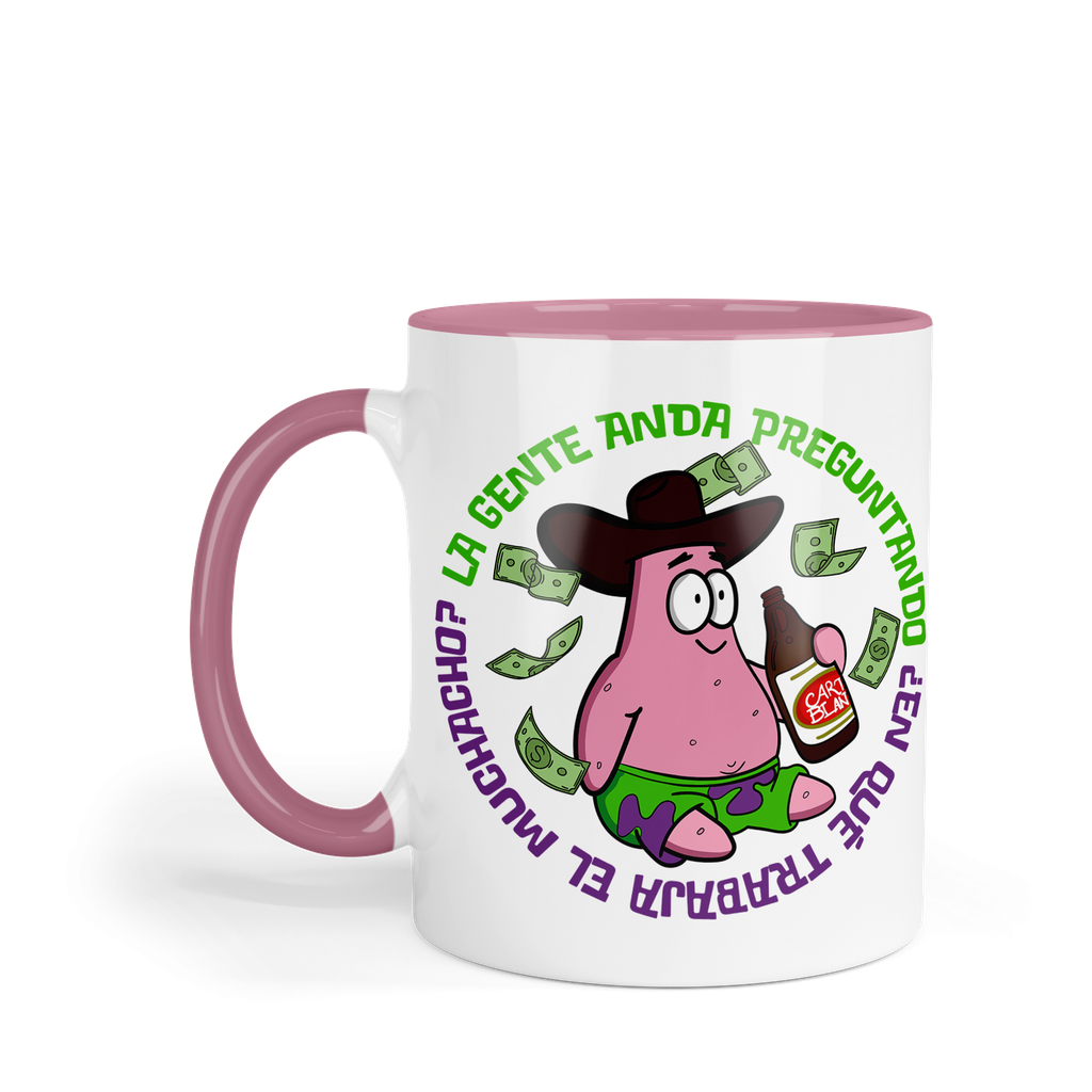 Taza Fondo Y Asa De Color Rosa LK871. Meme ranchera norteña Bob Esponja