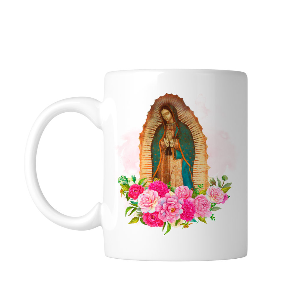 Taza blanca 11 oz FC90. Virgen de Guadalupe Oracion Catolica (Con nombre)