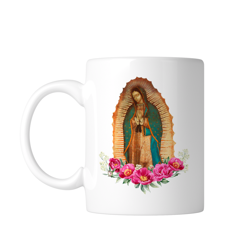 Taza blanca 11 oz FC91. Virgen de Guadalupe Oracion Catolica (Con nombre)