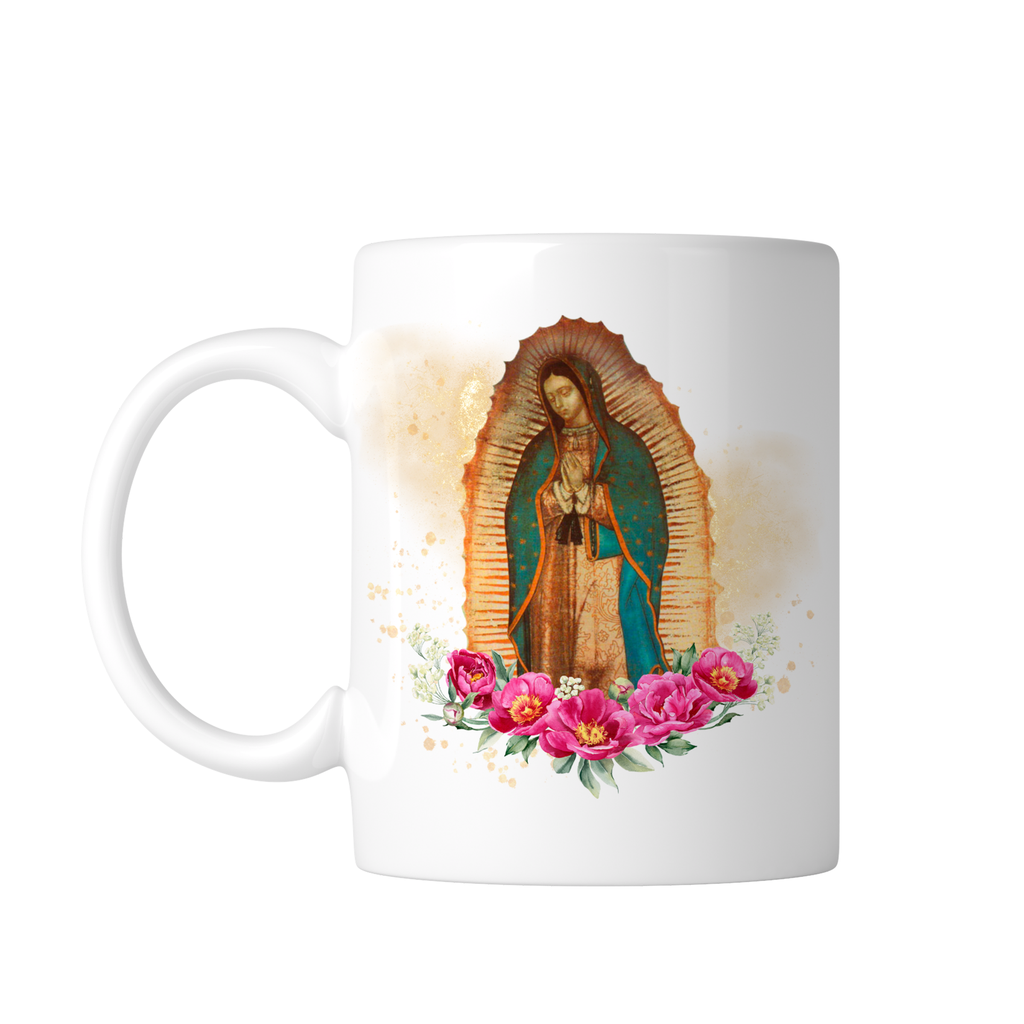Taza blanca 11 oz FC92. Virgen de Guadalupe Oracion Catolica (Con nombre)
