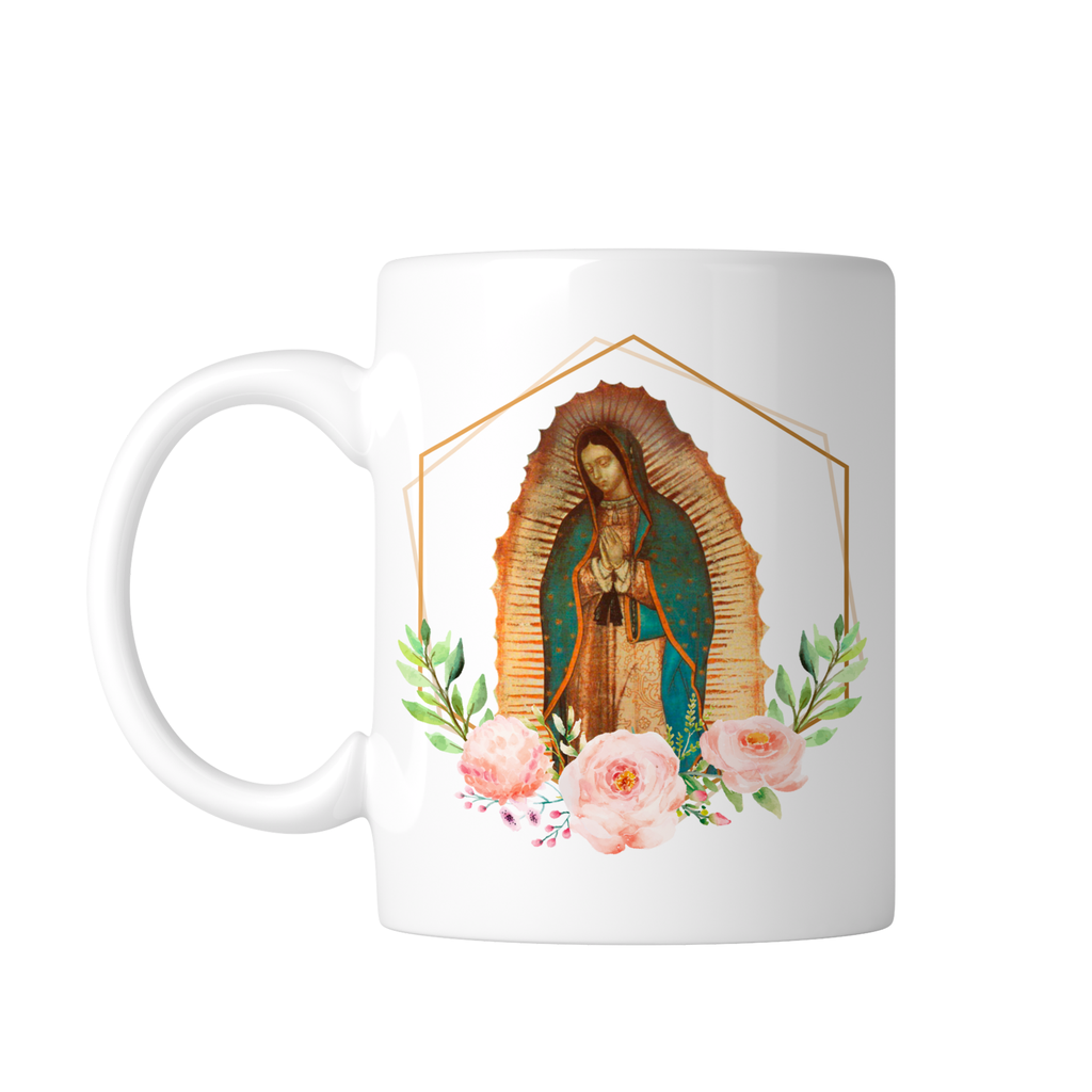 Taza blanca 11 oz FC93. Virgen de Guadalupe Oracion Catolica (Con nombre)