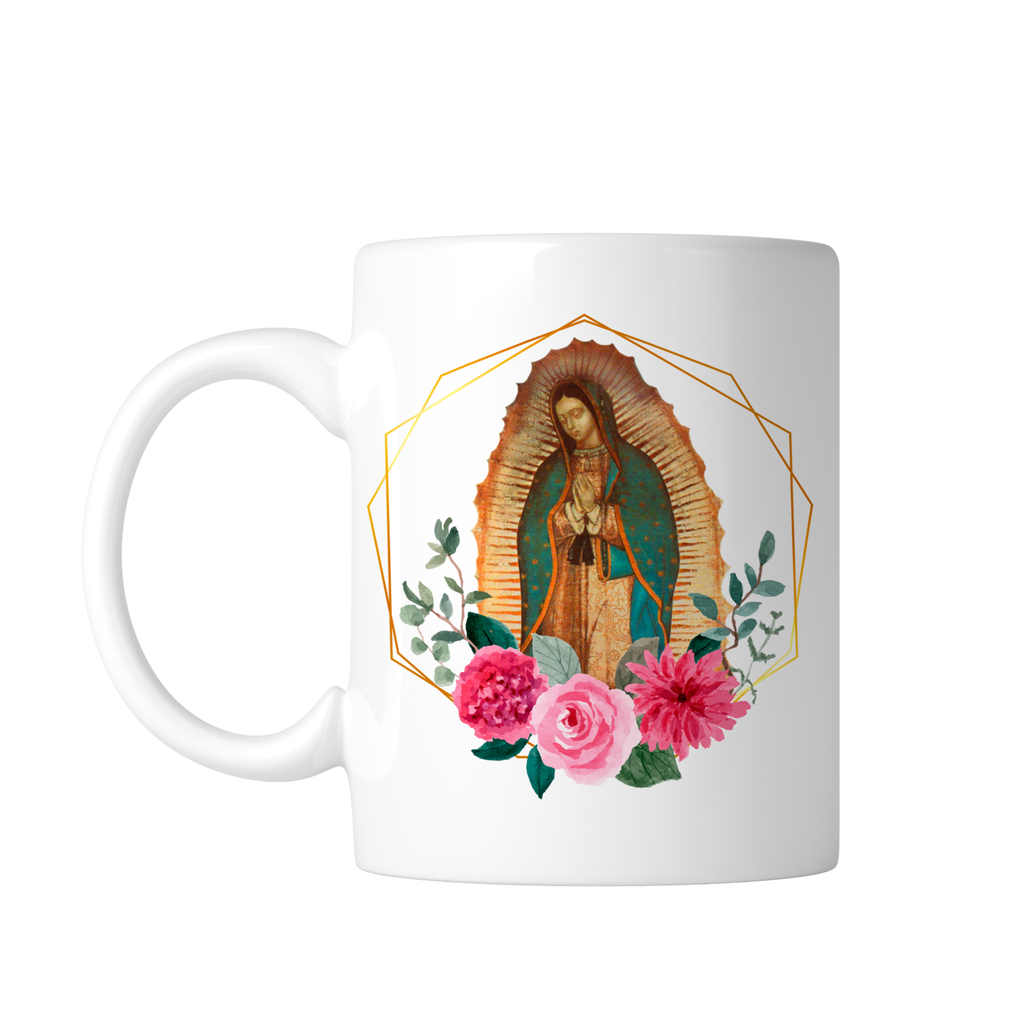 Taza blanca 11 oz FC94. Virgen de Guadalupe Oracion Catolica
