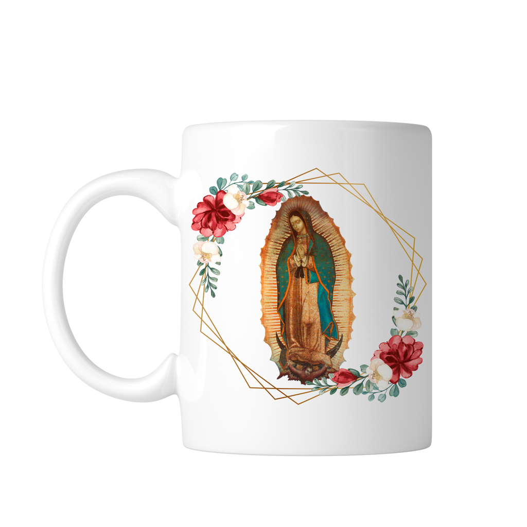 Taza blanca 11 oz FC95. Virgen de Guadalupe Oracion Catolica (Con nombre)