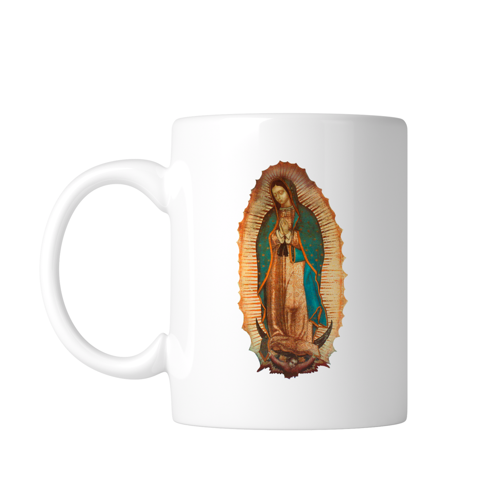 Taza blanca 11 oz FC96. Virgen de Guadalupe Oracion Catolica (Con nombre)