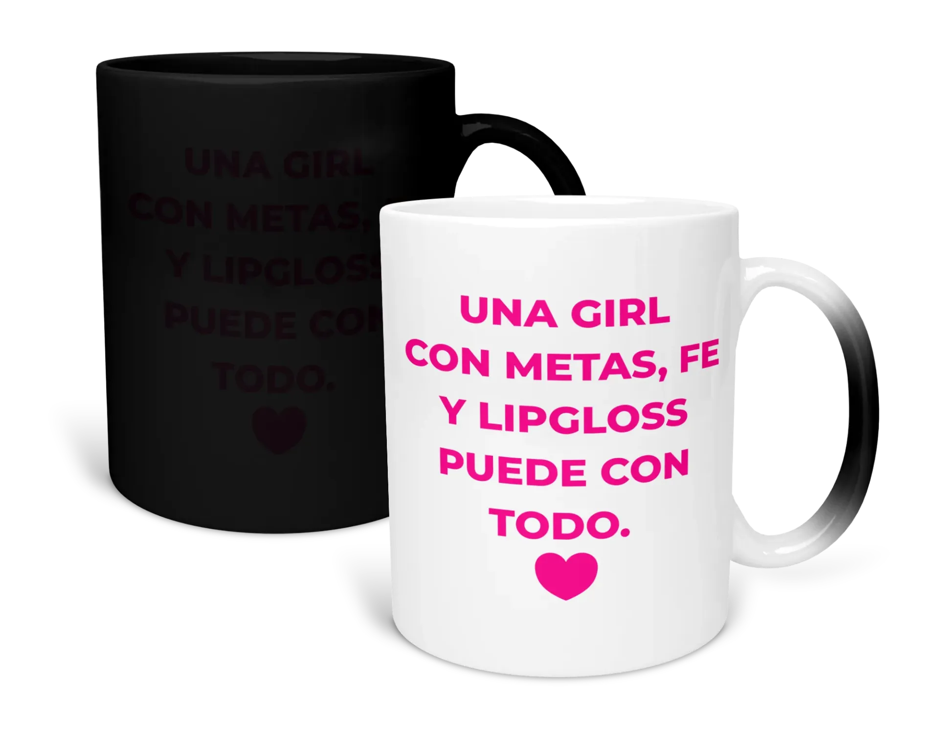 Taza magica Lk1003. Frase meme: Una girl con metas, fe y lipgloss puede con todo. (Con nombre)