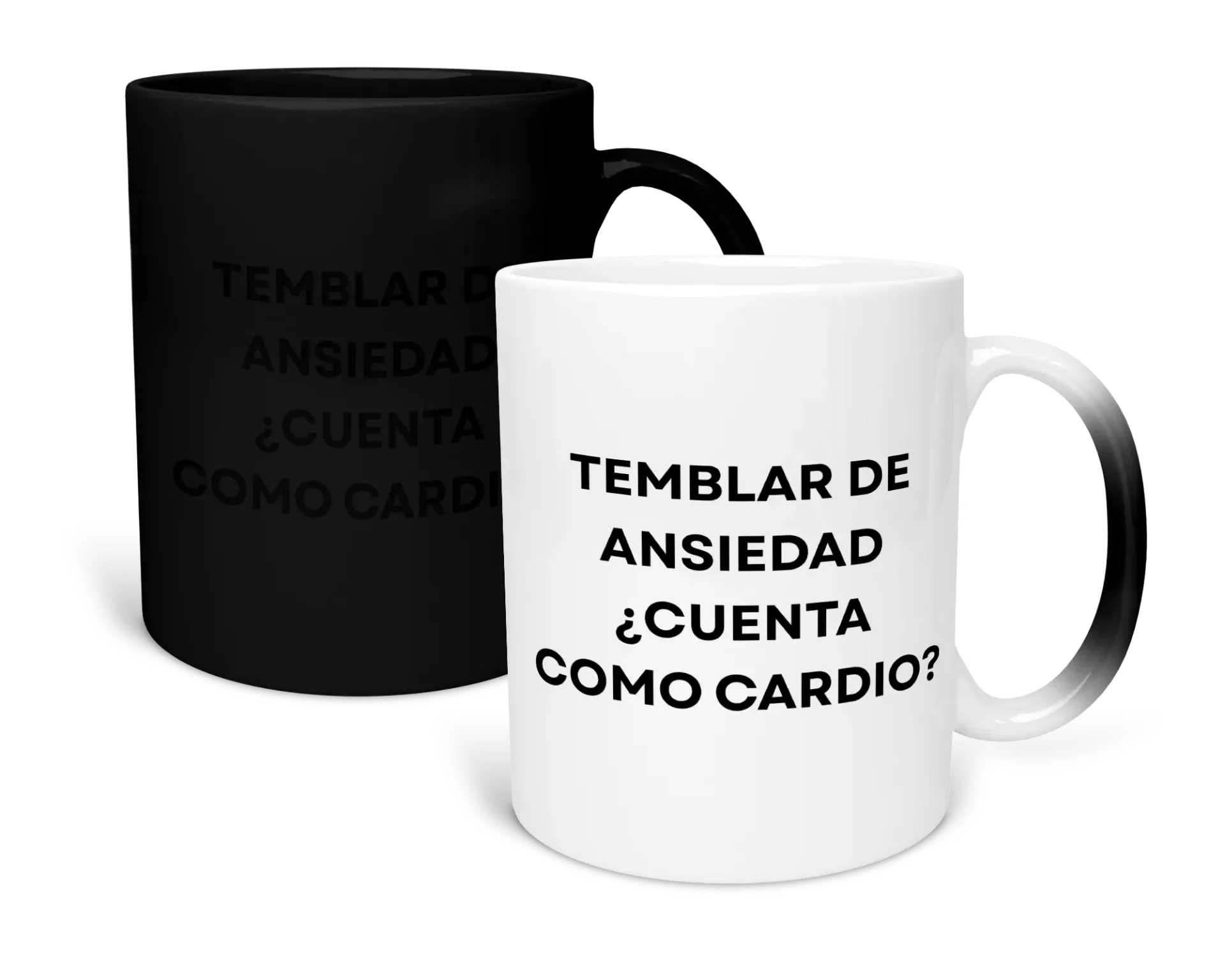 Taza magica Lk1008. Frase meme: Temblar de ansiedad cuenta como cardio? (Con nombre)