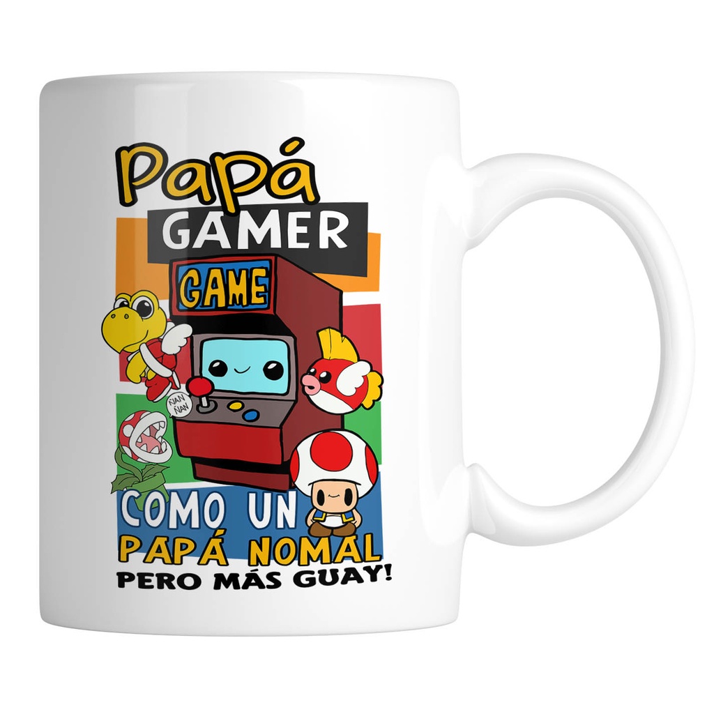 Taza papá gamer (Fondo color blanco, Con nombre)