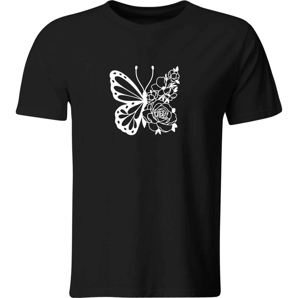 Playera Color Lk463. Anime mariposa con flores (Recto​, Negro​, Blanco)