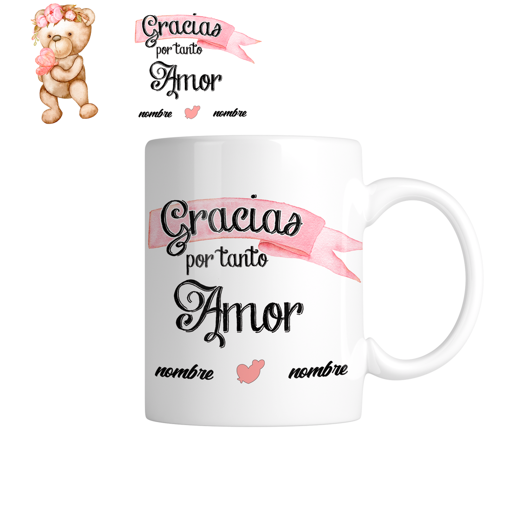 Taza TZ13. Taza osita: Gracias por tanto amor + nombres personalizados.