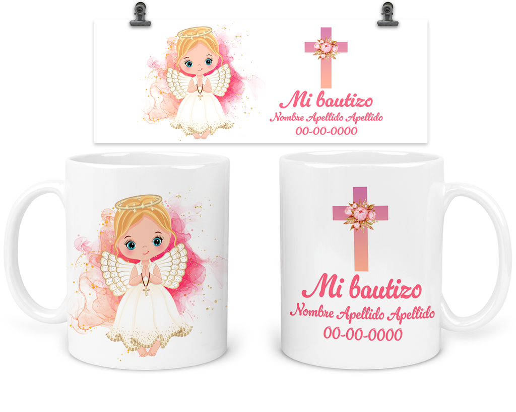Taza para recuerdo de bautizo niña ángel. TBA3