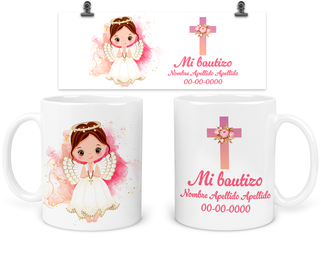 Taza para recuerdo de bautizo niña ángel. TBA5