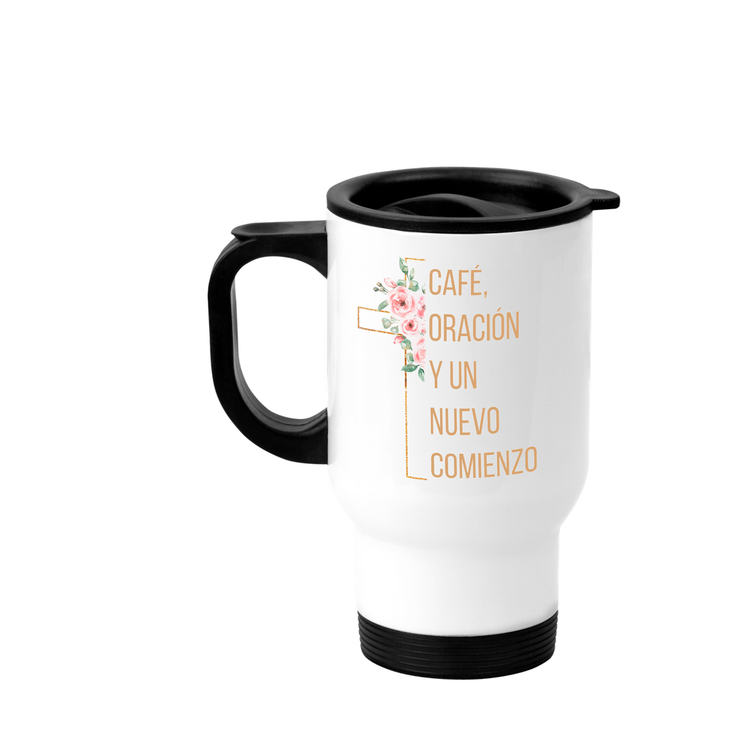 Termo 16 oz. TV16 -FC9. Frase cristiana religiosa: Café oración y un nuevo comienzo