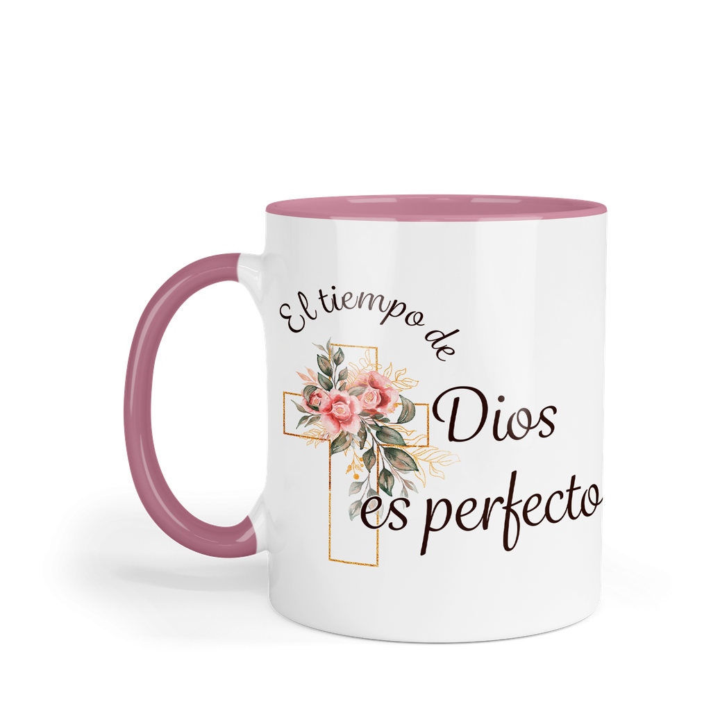 Taza fondo y asa de color rosa. TNFR -FC5. Frase Cristiana Religiosa: El tiempo de Dios es perfecto