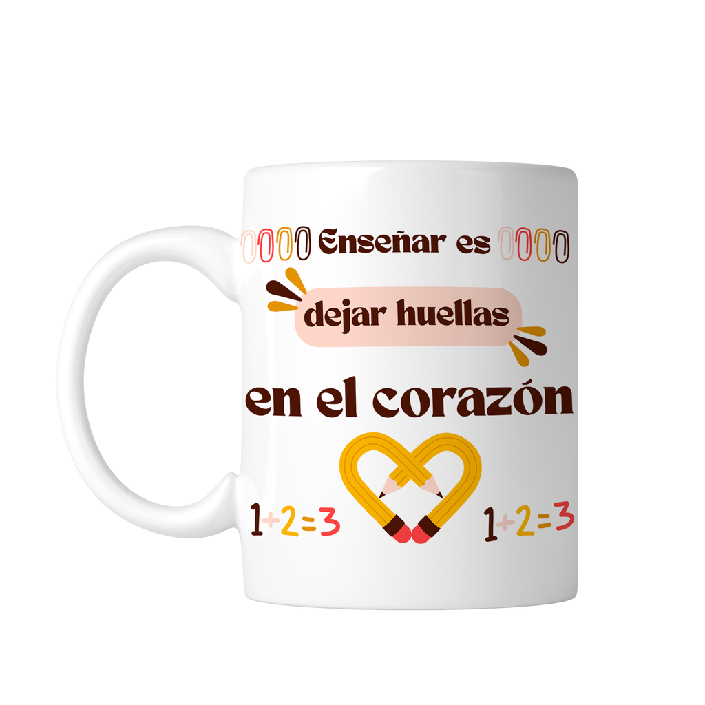 Taza Blanca Tpm28. Maestra maestro enseñar es dejar huellas en el corazón